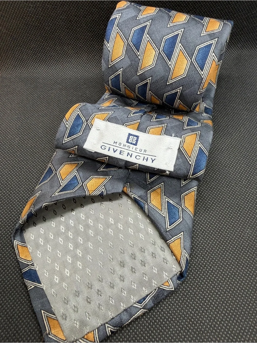 Vintage Monsieur Givenchy Silk Tie Geometric Blue Gold Made USA 57.5” x 4”